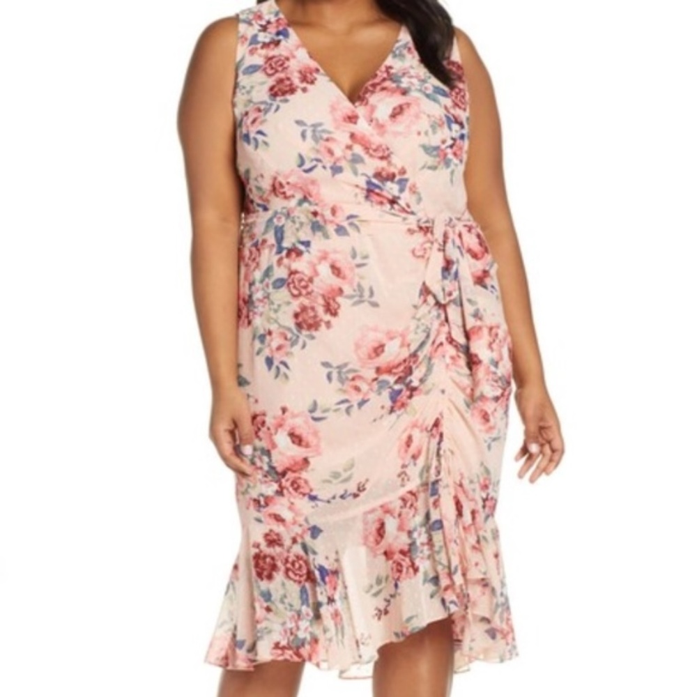 NEW Eliza J Floral Ruched Chiffon Faux Wrap Dress